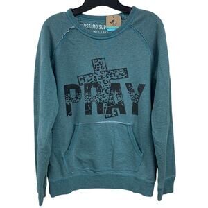 Upcycled Hand Printed Womens Medium Prayer Cross Cheetah Print Sweatshirt